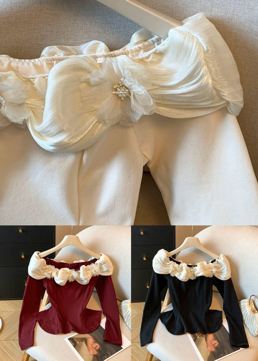 Red Ruffled Patchwork Cotton T Shirt Slash Neck