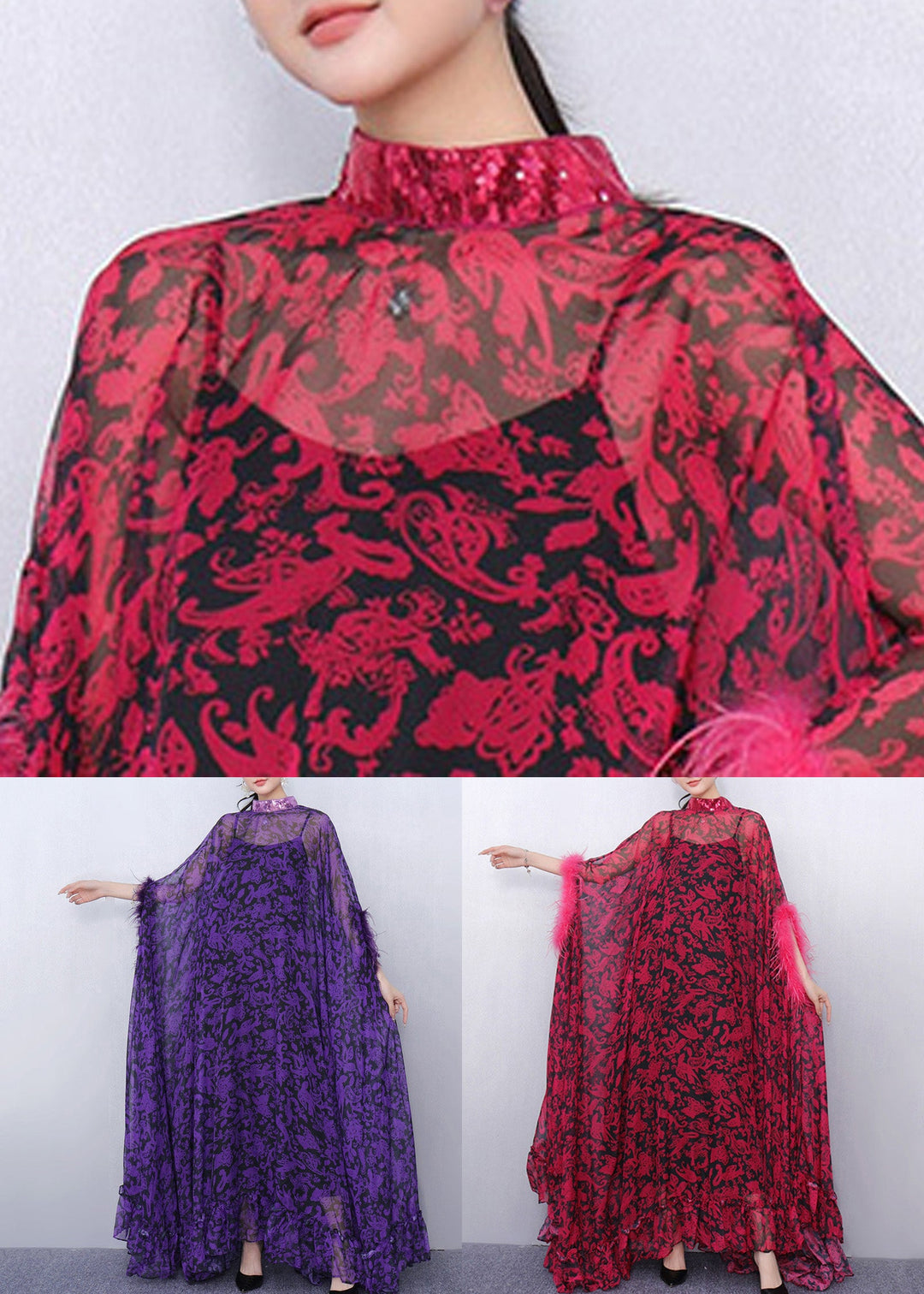 Red Ruffled Patchwork Glamorous Chiffon Two Piece Set Batwing Sleeve