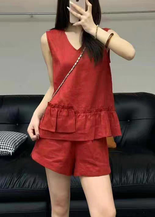 Red Ruffled Pockets Linen Two Pieces Set V Neck Sleeveless