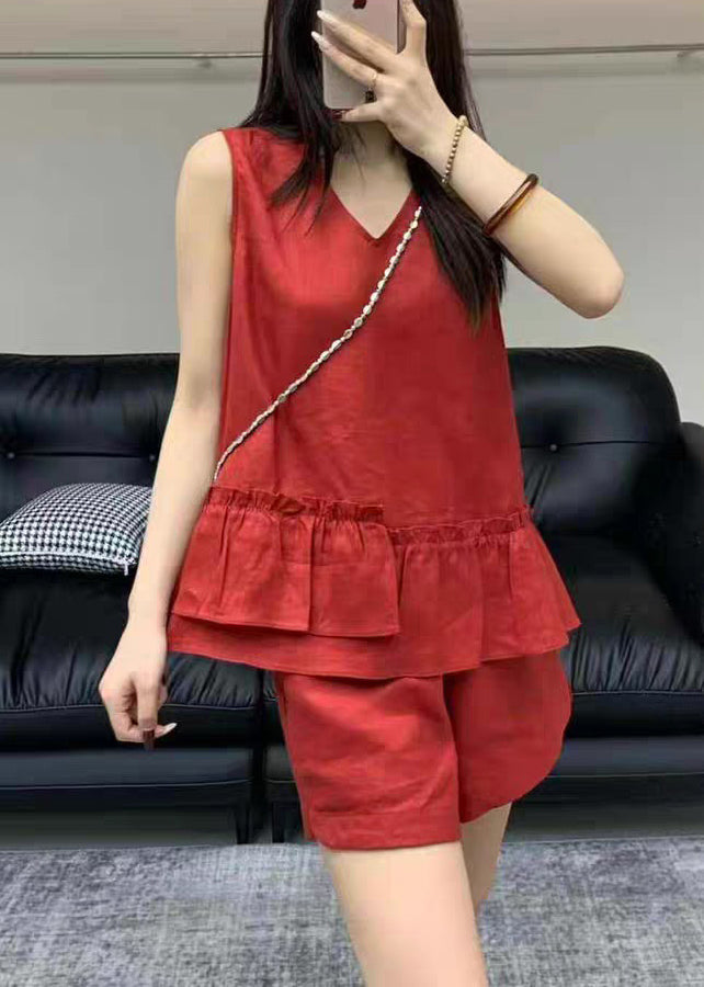 Red Ruffled Pockets Linen Two Pieces Set V Neck Sleeveless