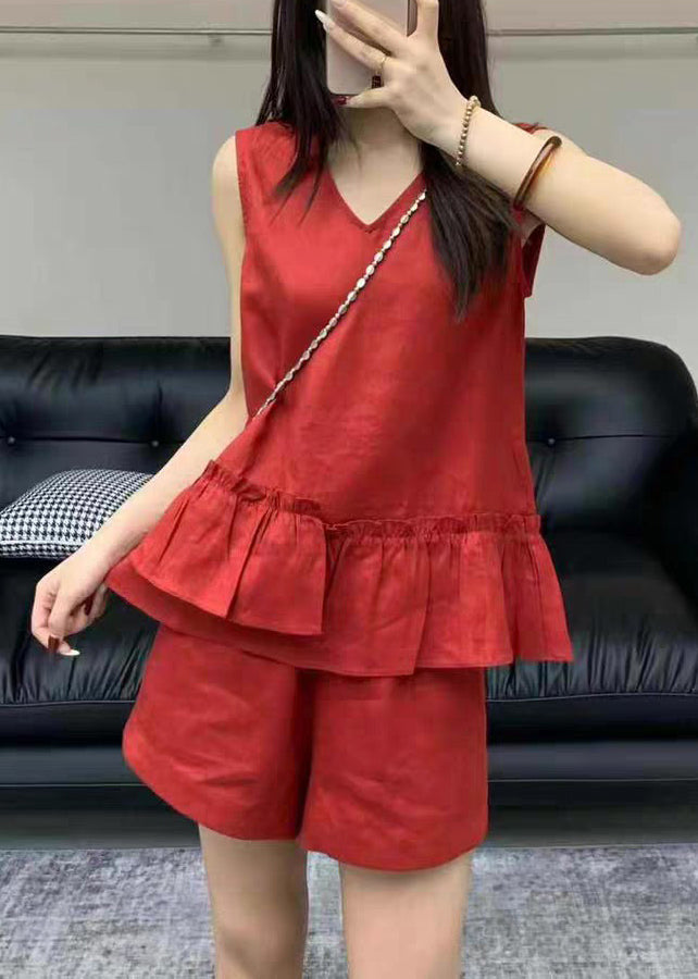 Red Ruffled Pockets Linen Two Pieces Set V Neck Sleeveless