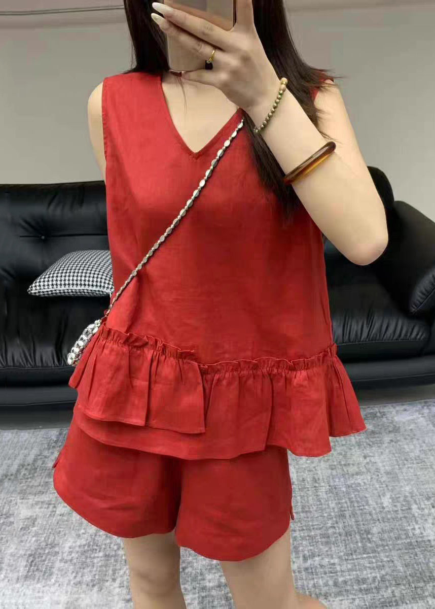 Red Ruffled Pockets Linen Two Pieces Set V Neck Sleeveless