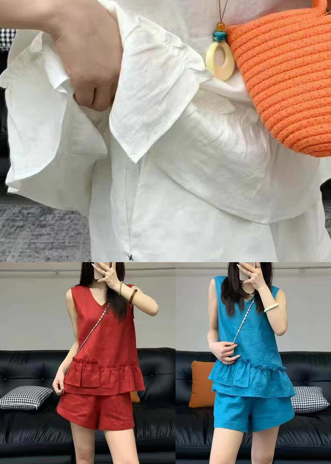 Red Ruffled Pockets Linen Two Pieces Set V Neck Sleeveless
