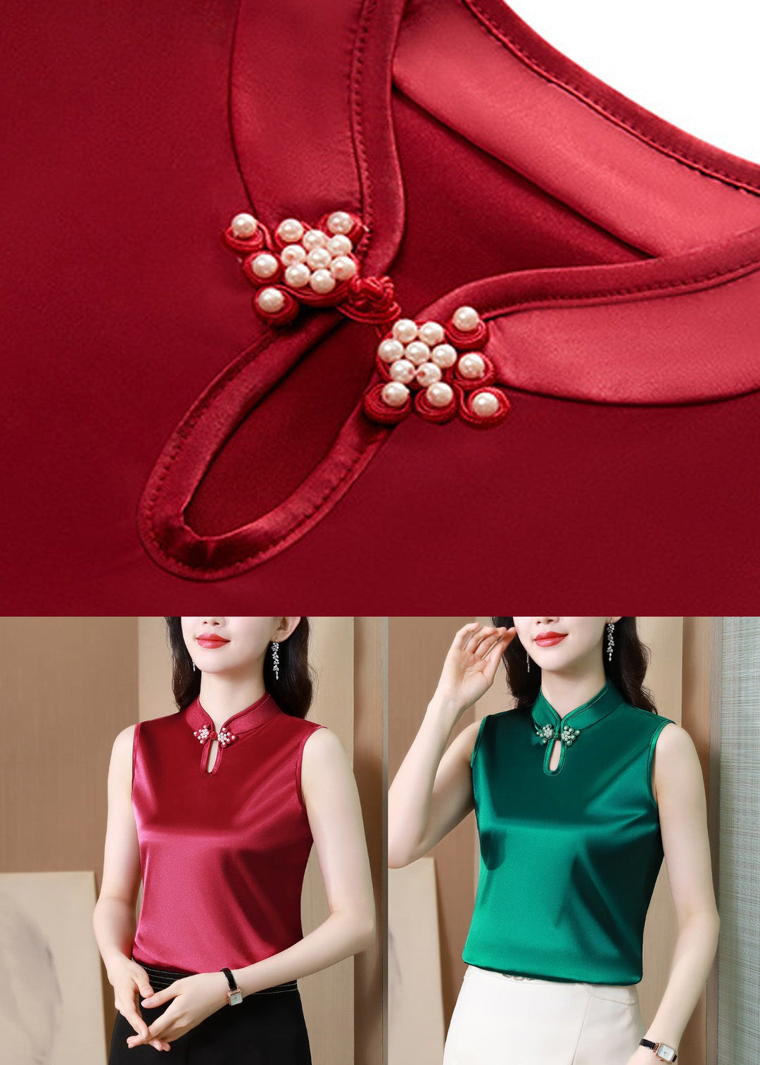 Red Silk Tops Stand Collar Summer