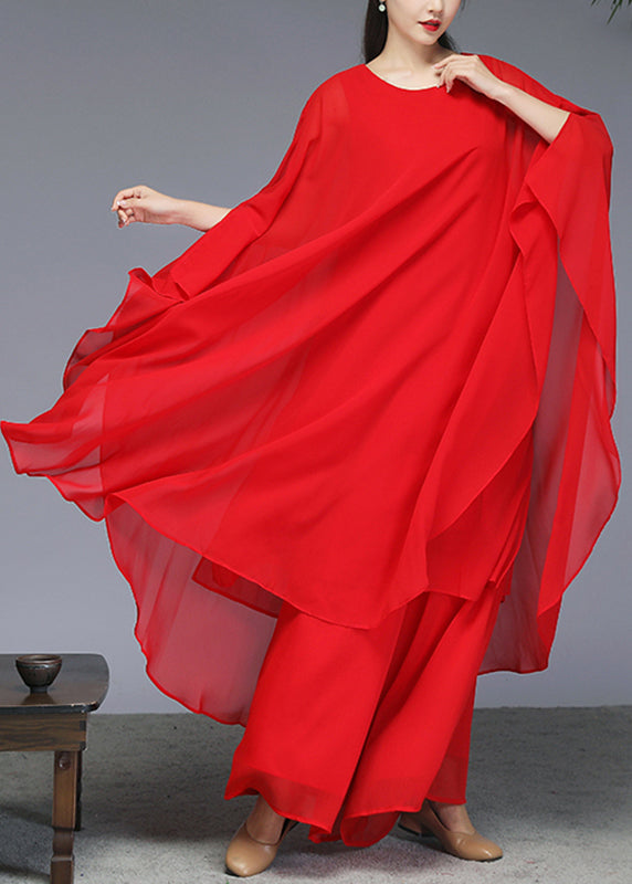 Red Solid Maxi Dress And Wide Leg Pants Two Piece Set Batwin Sleeve