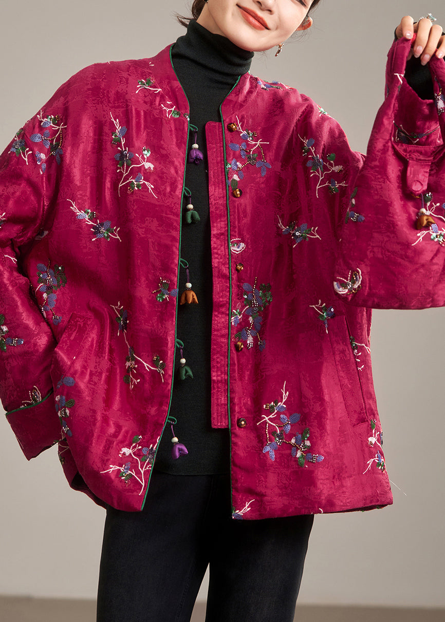 Red Stand Collar Button Parka Coat Winter