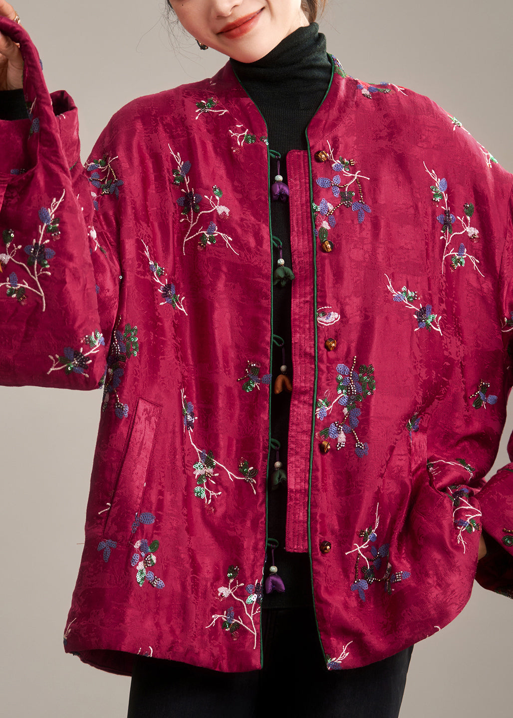 Red Stand Collar Button Parka Coat Winter