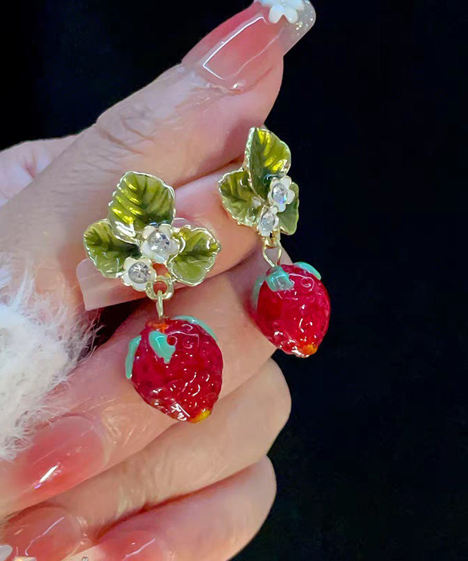 Red Strawberry Earrings Zircon Resin Sweet Fashionable