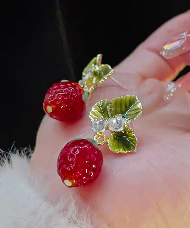 Red Strawberry Earrings Zircon Resin Sweet Fashionable
