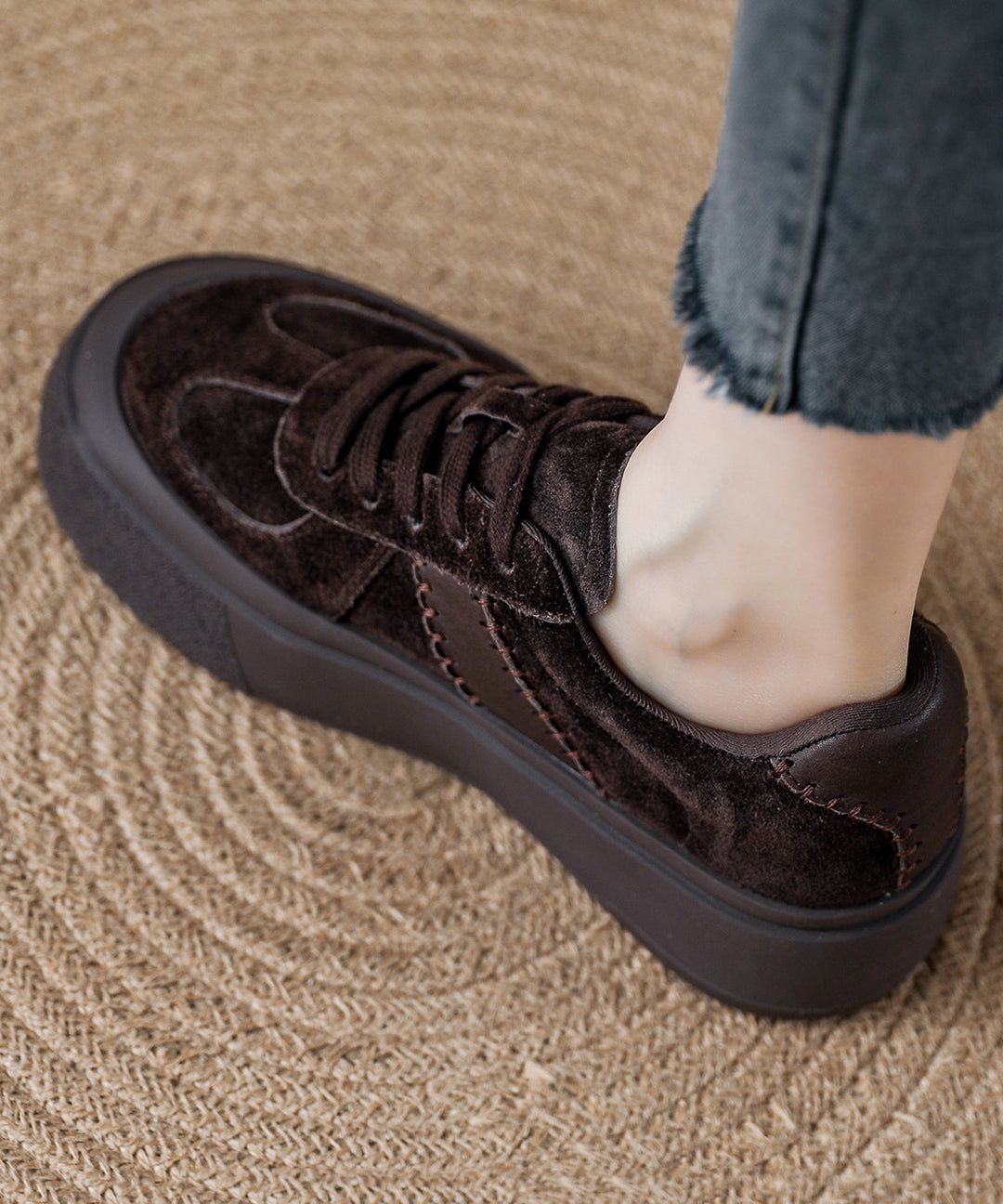 Red Suede Lace Up Women Splicing Flat Feet Shoes