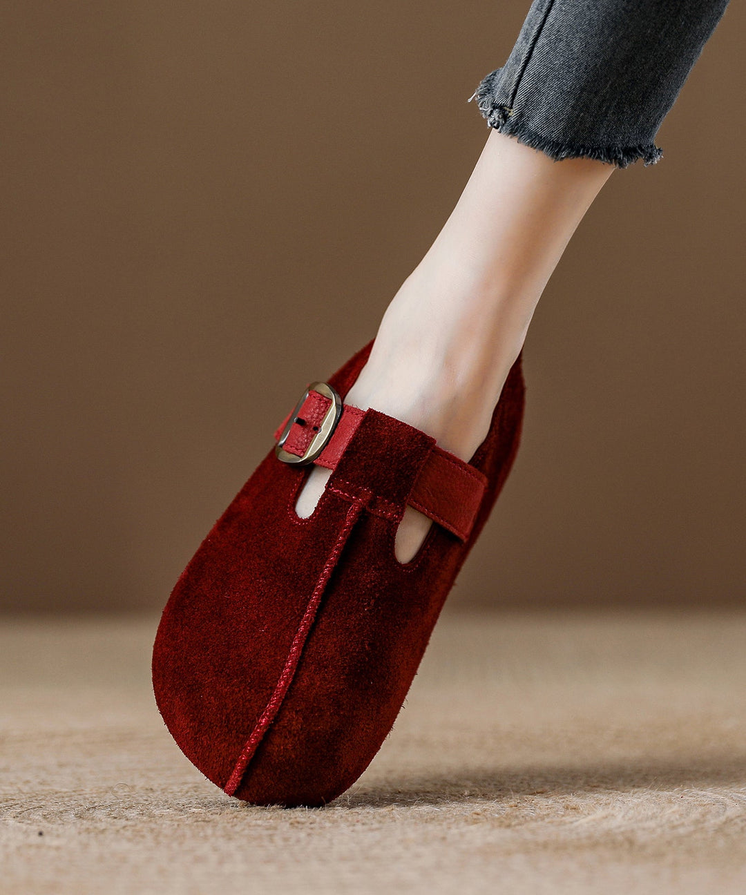 Red Suede Splicing Flat Feet Shoes Fuzzy Wool Lined