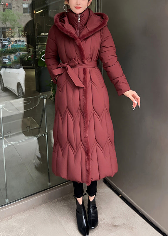 Red Tie Waist Hooded Maxi Parkas Winter