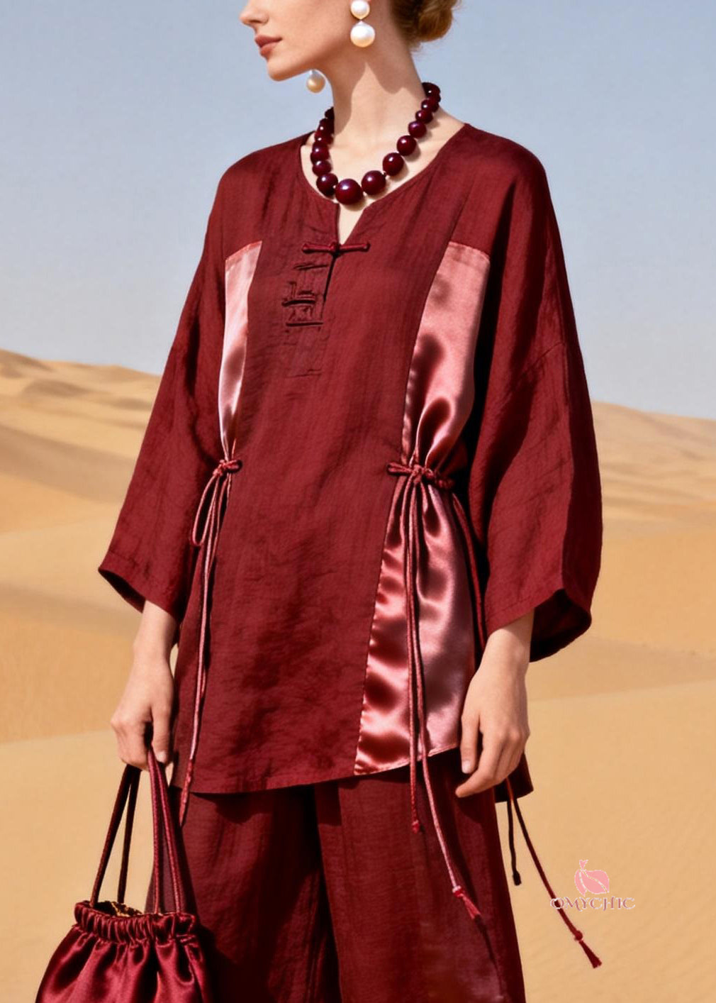 Red Tops And Crop pants Patchwork Silk Linen Two Pieces Set Drawstring Spring