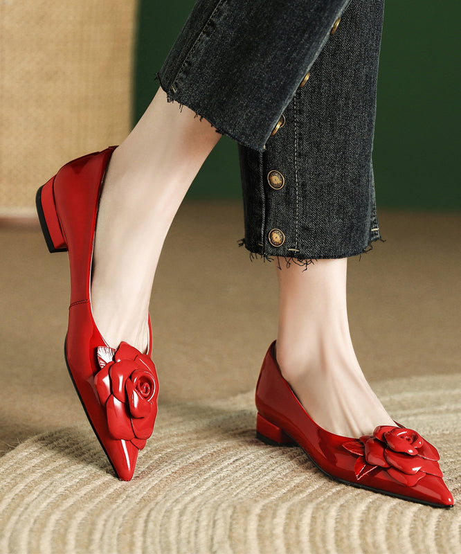 Red Women Floral Splicing Flat Feet Shoes Pointed Toe