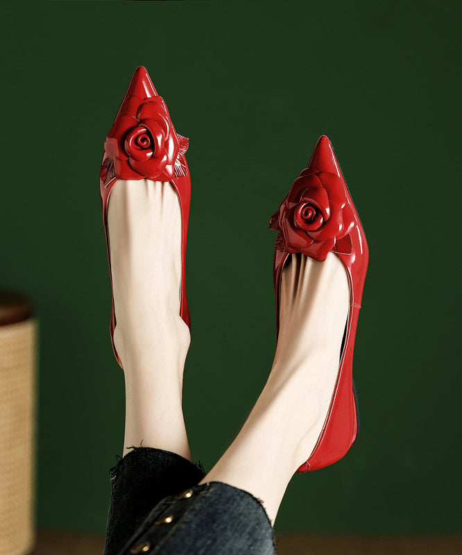 Red Women Floral Splicing Flat Feet Shoes Pointed Toe