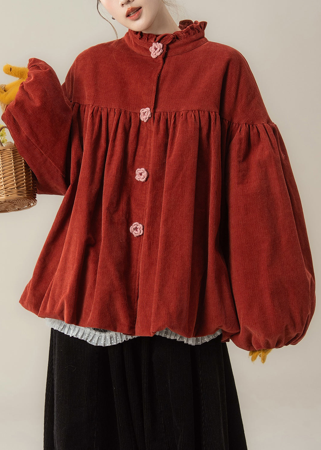 Red Wrinkled Button Corduroy Cotton Filled Parkas Stand Collar