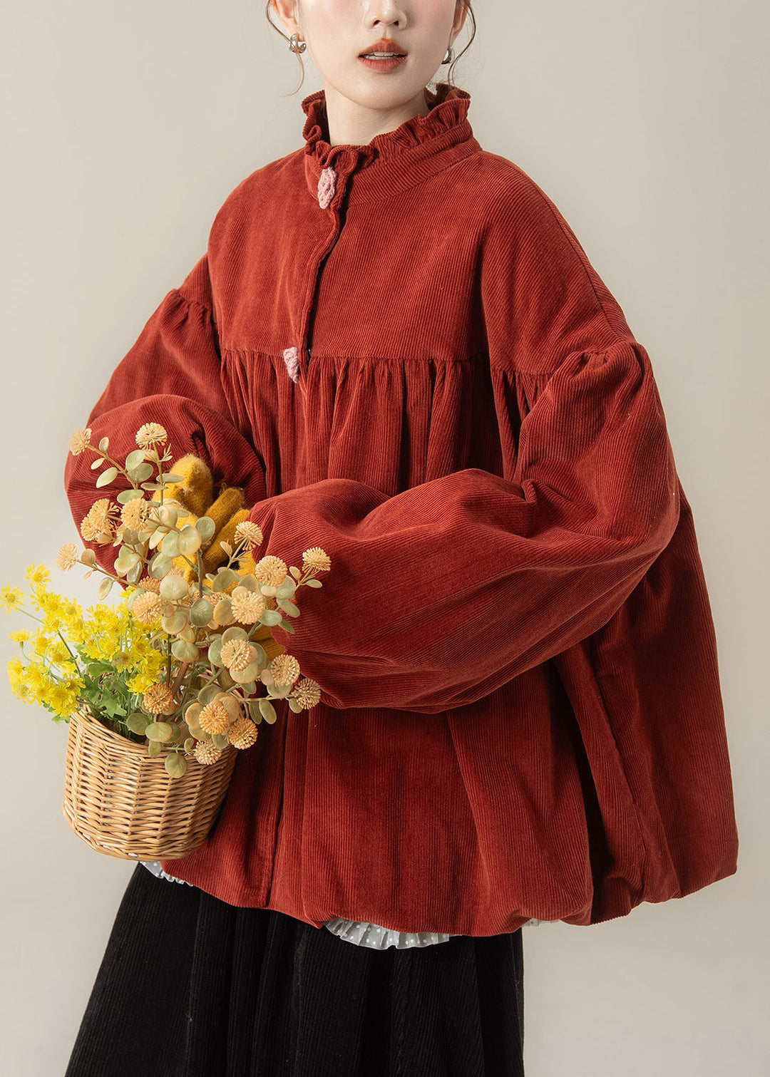 Red Wrinkled Button Corduroy Cotton Filled Parkas Stand Collar