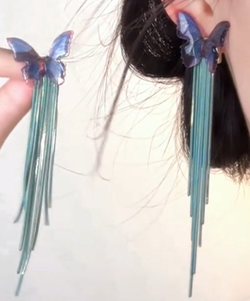 Regular Green Acrylic Beads Butterfly Chain Tassel Drop Earrings