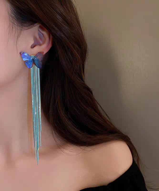 Regular Green Acrylic Beads Butterfly Chain Tassel Drop Earrings