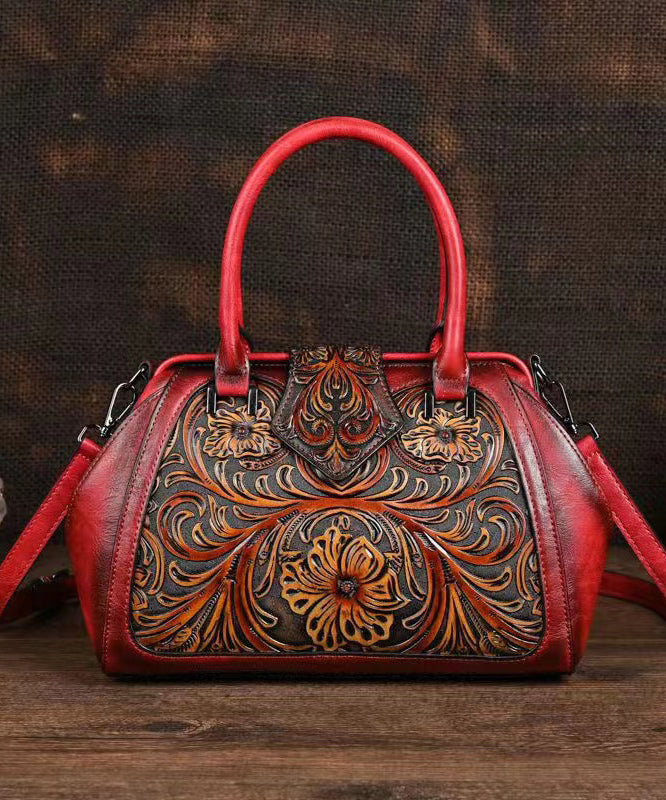 Retro Apricot Colored Cowhide Handmade Carved Handbag