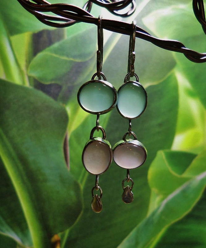 Retro Asymmetric Pink Green Sterling Silver Oval Cat Eye Stone Pendant