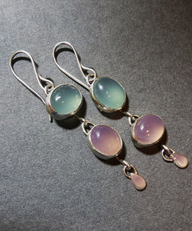 Retro Asymmetric Pink Green Sterling Silver Oval Cat Eye Stone Pendant