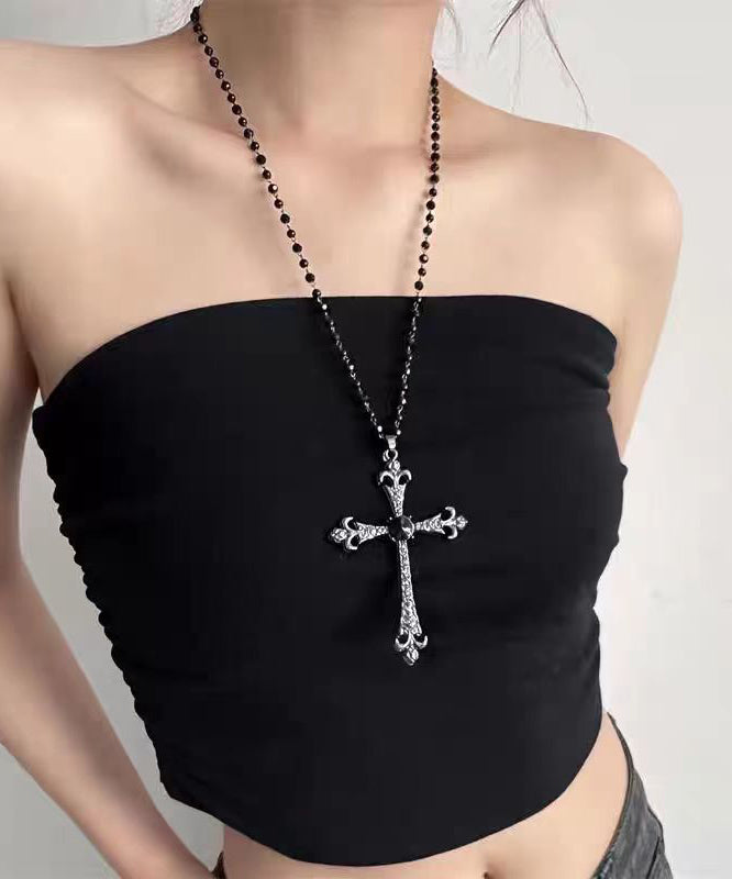 Retro Black Alloy Zircon Beads Cross Gratuated Bead Necklace