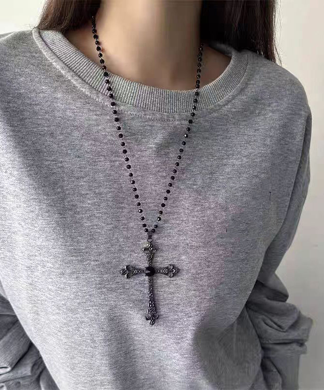 Retro Black Alloy Zircon Beads Cross Gratuated Bead Necklace