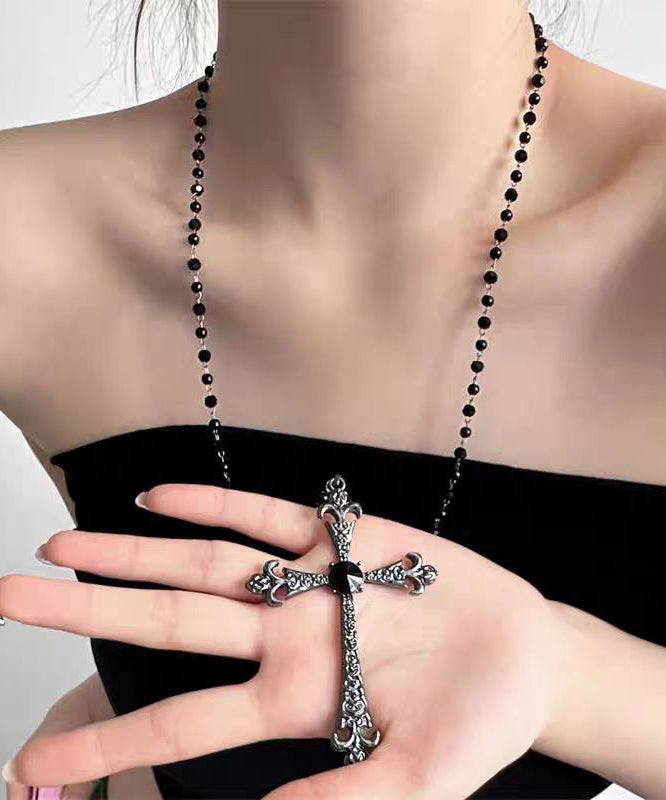 Retro Black Alloy Zircon Beads Cross Gratuated Bead Necklace
