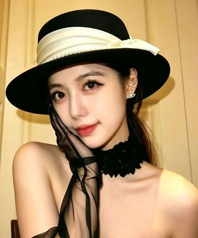 Retro Black Bow With Pearl Cashmere Cloche Hat