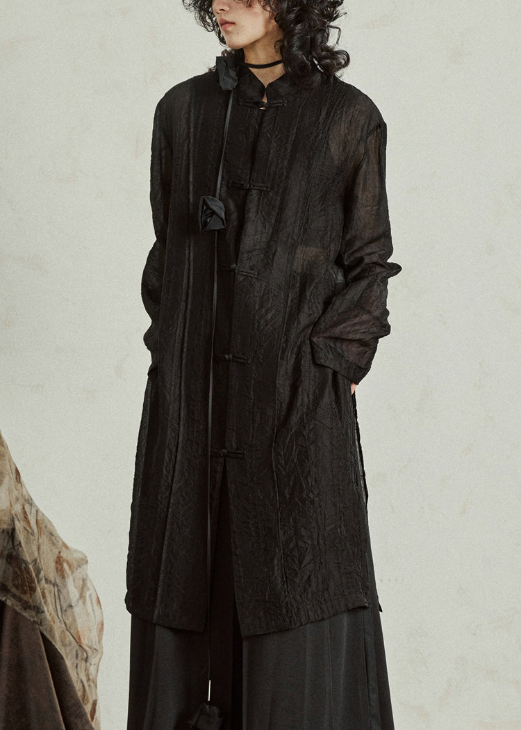 Retro Black Button Organza Long Tops Long Sleeve