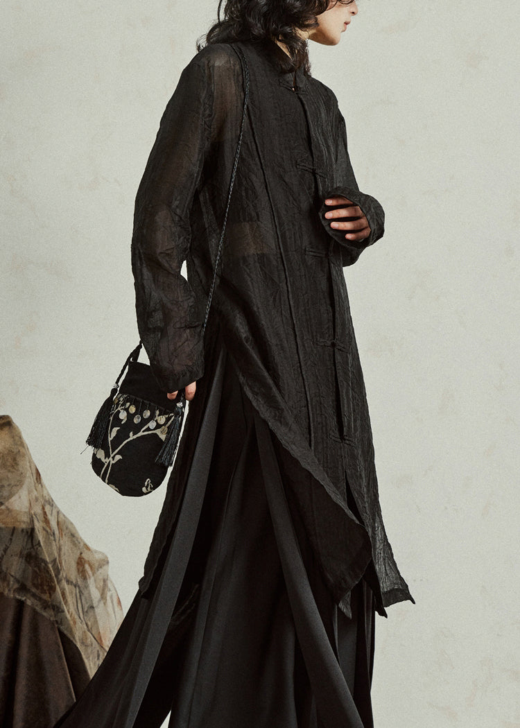 Retro Black Button Organza Long Tops Long Sleeve