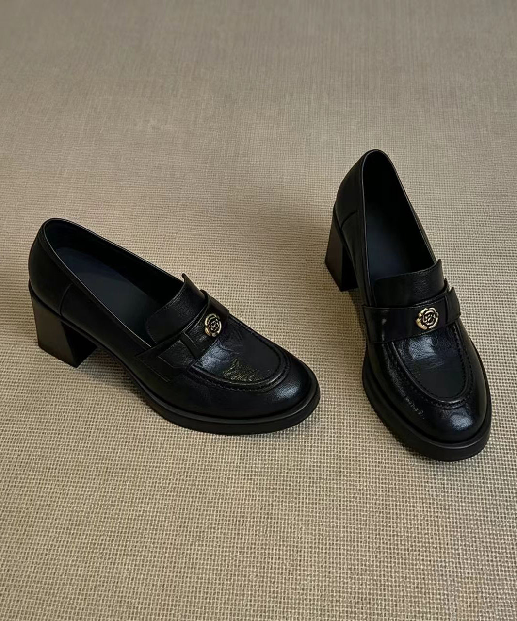 Retro Black Camellia Cowhide Leather Chunky Loafers