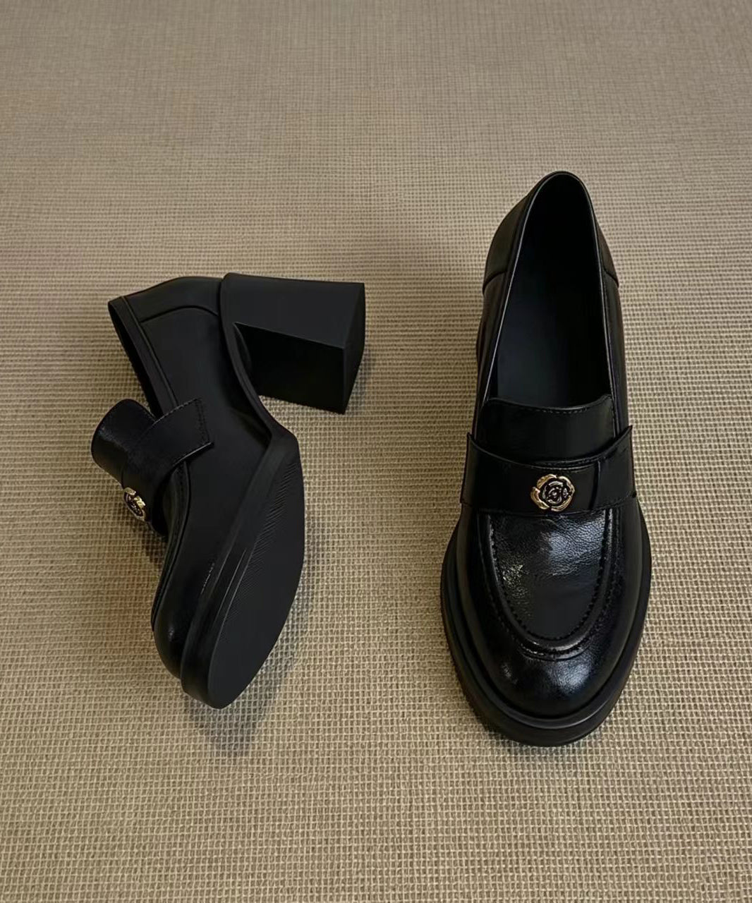 Retro Black Camellia Cowhide Leather Chunky Loafers