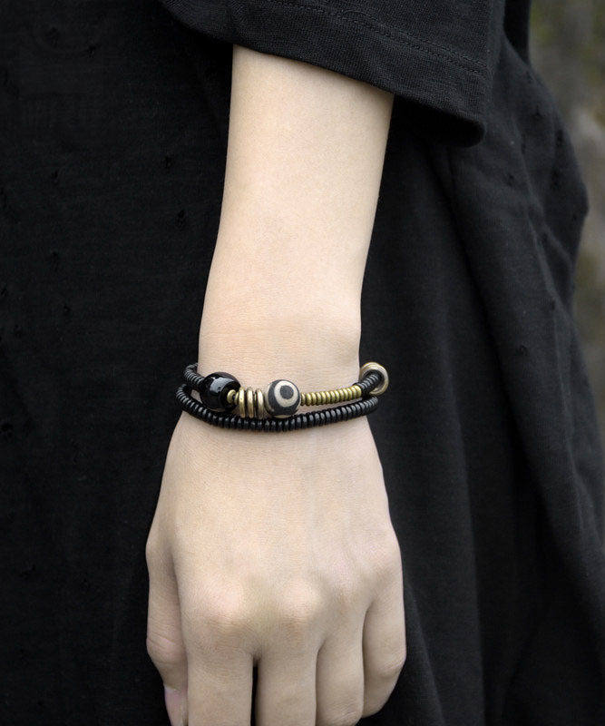 Retro Black Copper Ebony Double-Layer Beading Unisex Chain Bracelet