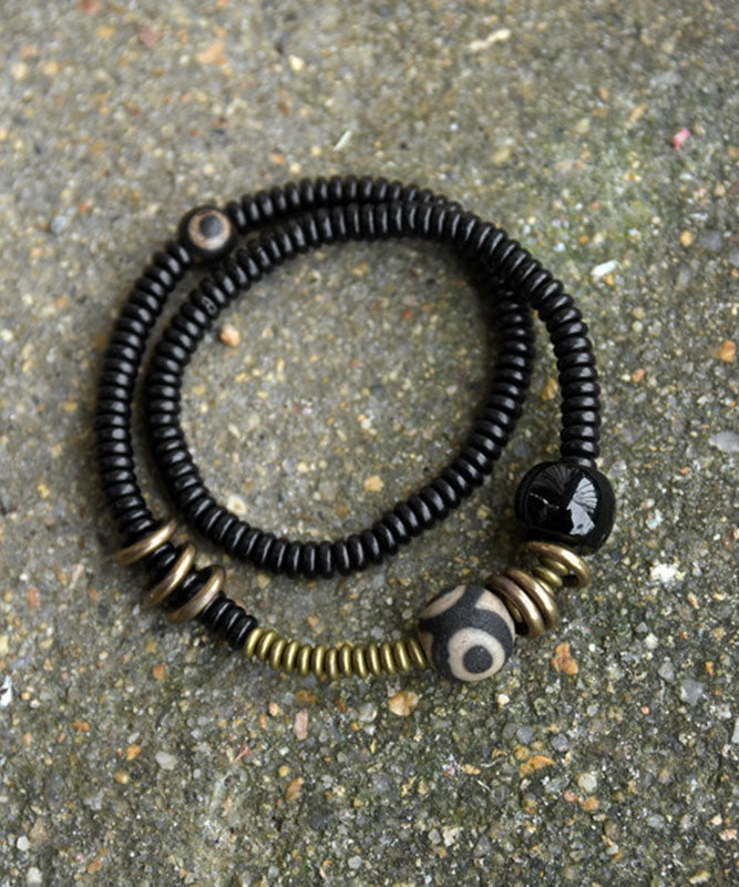Retro Black Copper Ebony Double-Layer Beading Unisex Chain Bracelet