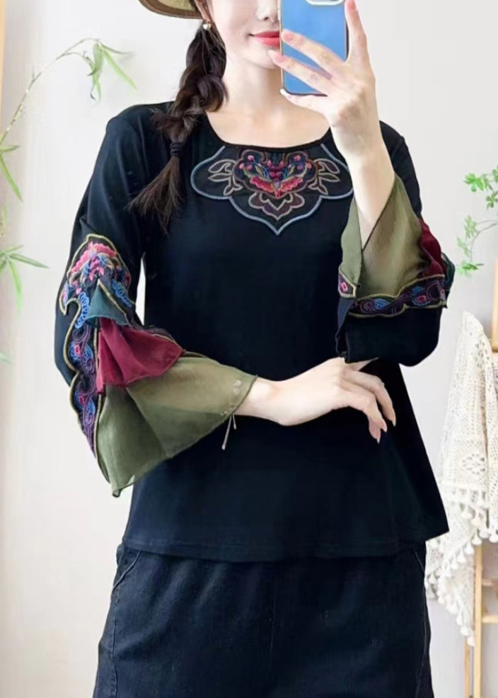 Retro Black Embroidered Floral Tulle Patchwork Shirt Bracelet Sleeve