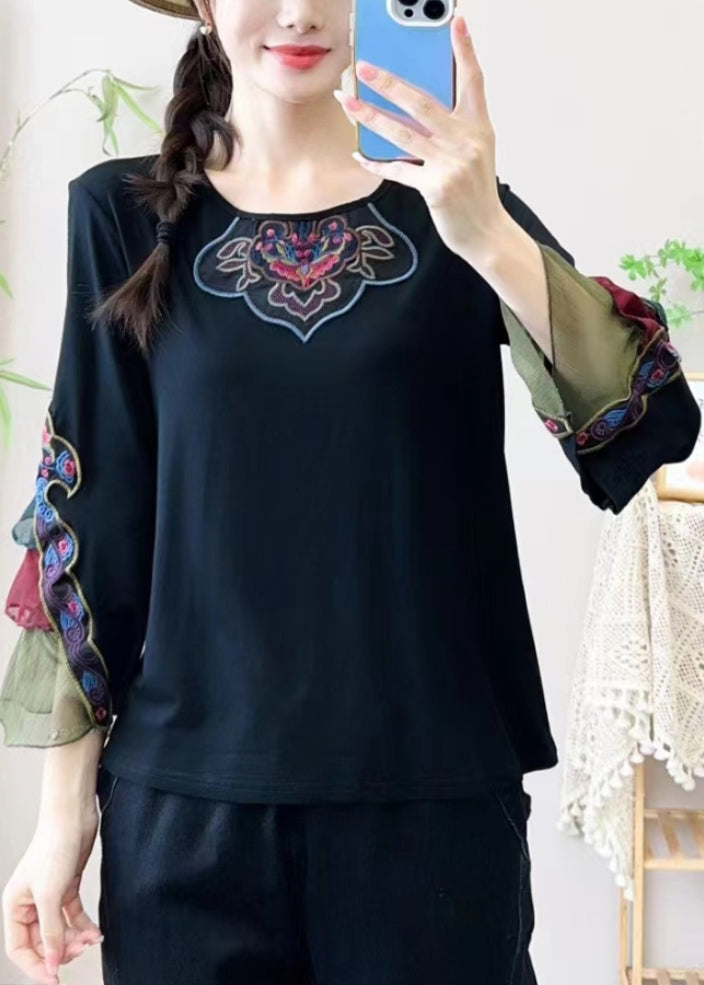 Retro Black Embroidered Floral Tulle Patchwork Shirt Bracelet Sleeve