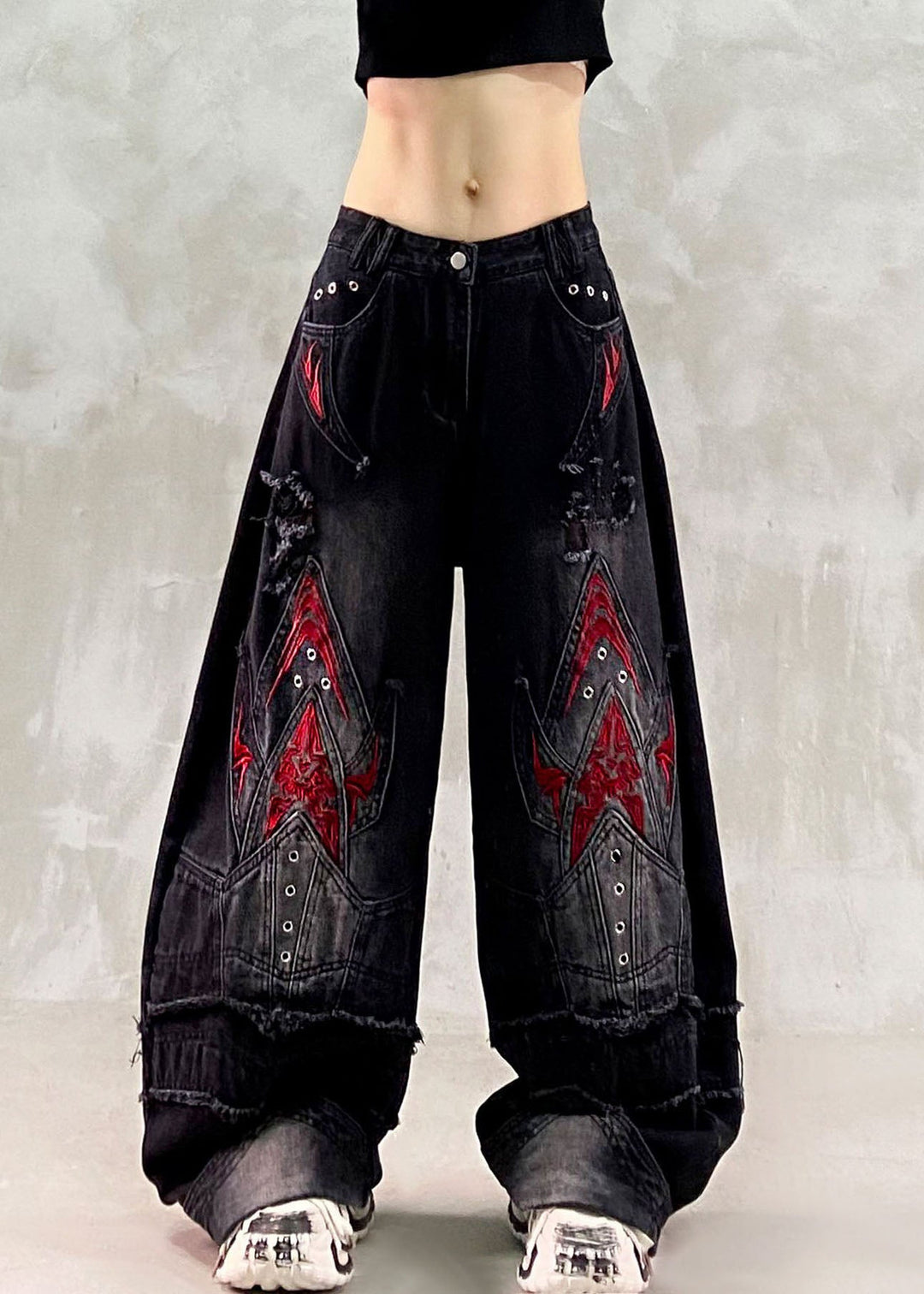 Retro Black Embroidered Patchwork Wide Leg Jeans Fall