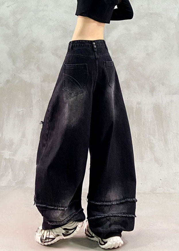 Retro Black Embroidered Patchwork Wide Leg Jeans Fall