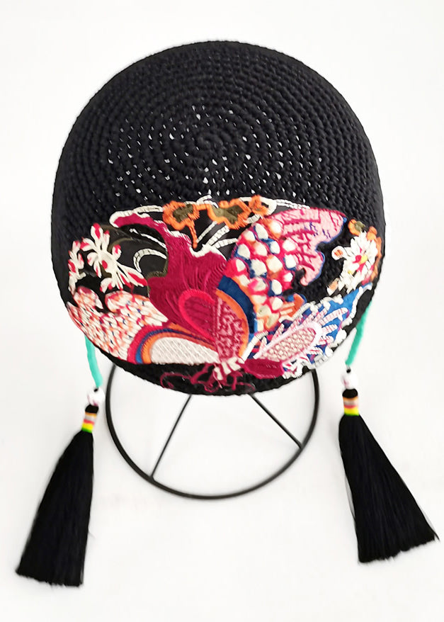 Retro Black Embroidery Floral Beading Tassel Knit Bonnie Hat