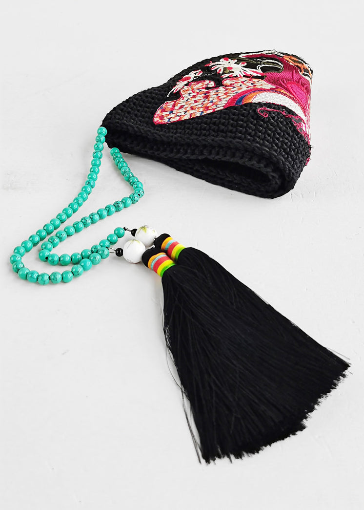 Retro Black Embroidery Floral Beading Tassel Knit Bonnie Hat