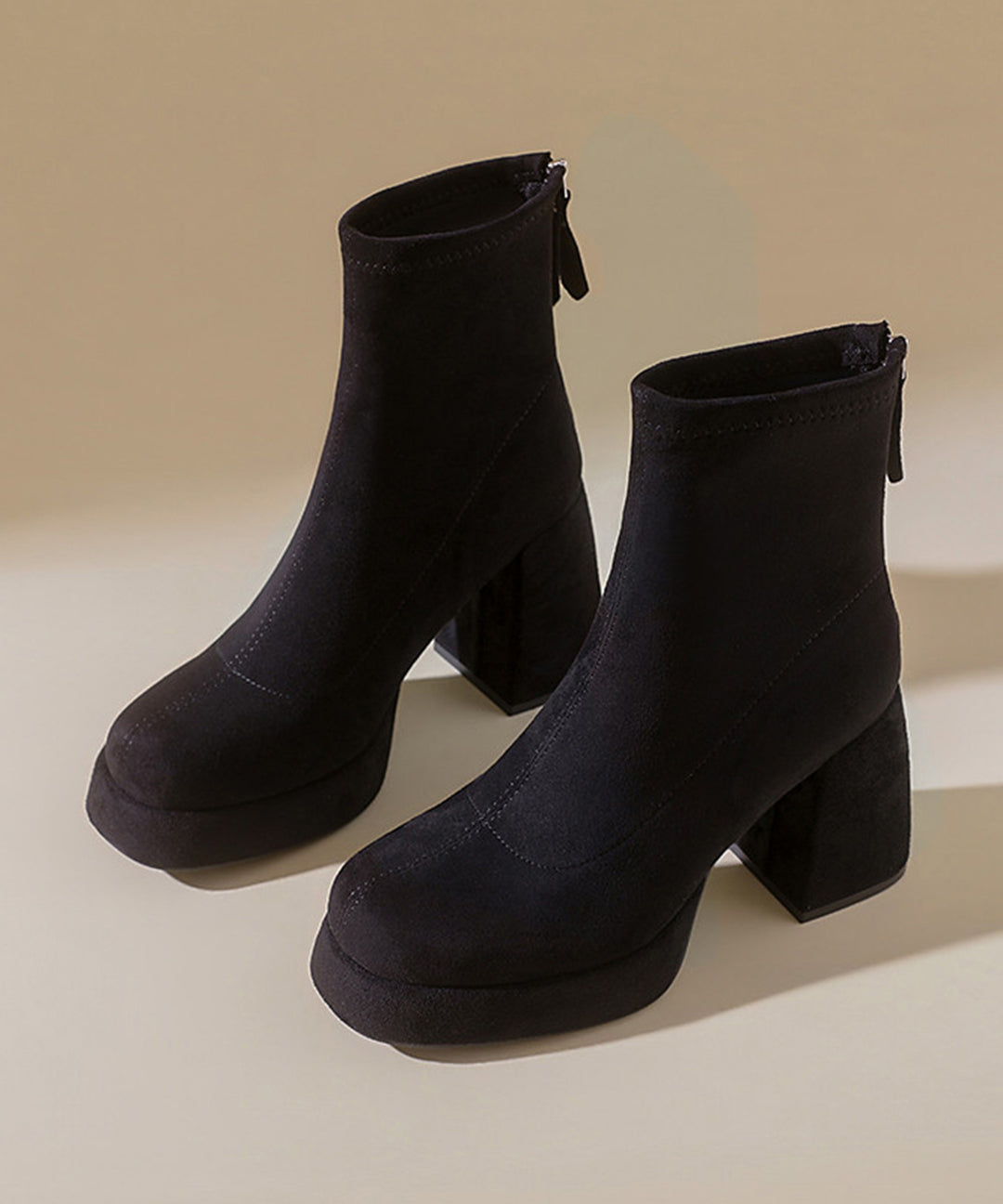 Retro Black Platform Back Zipper Chunky Suede Ankle Boots