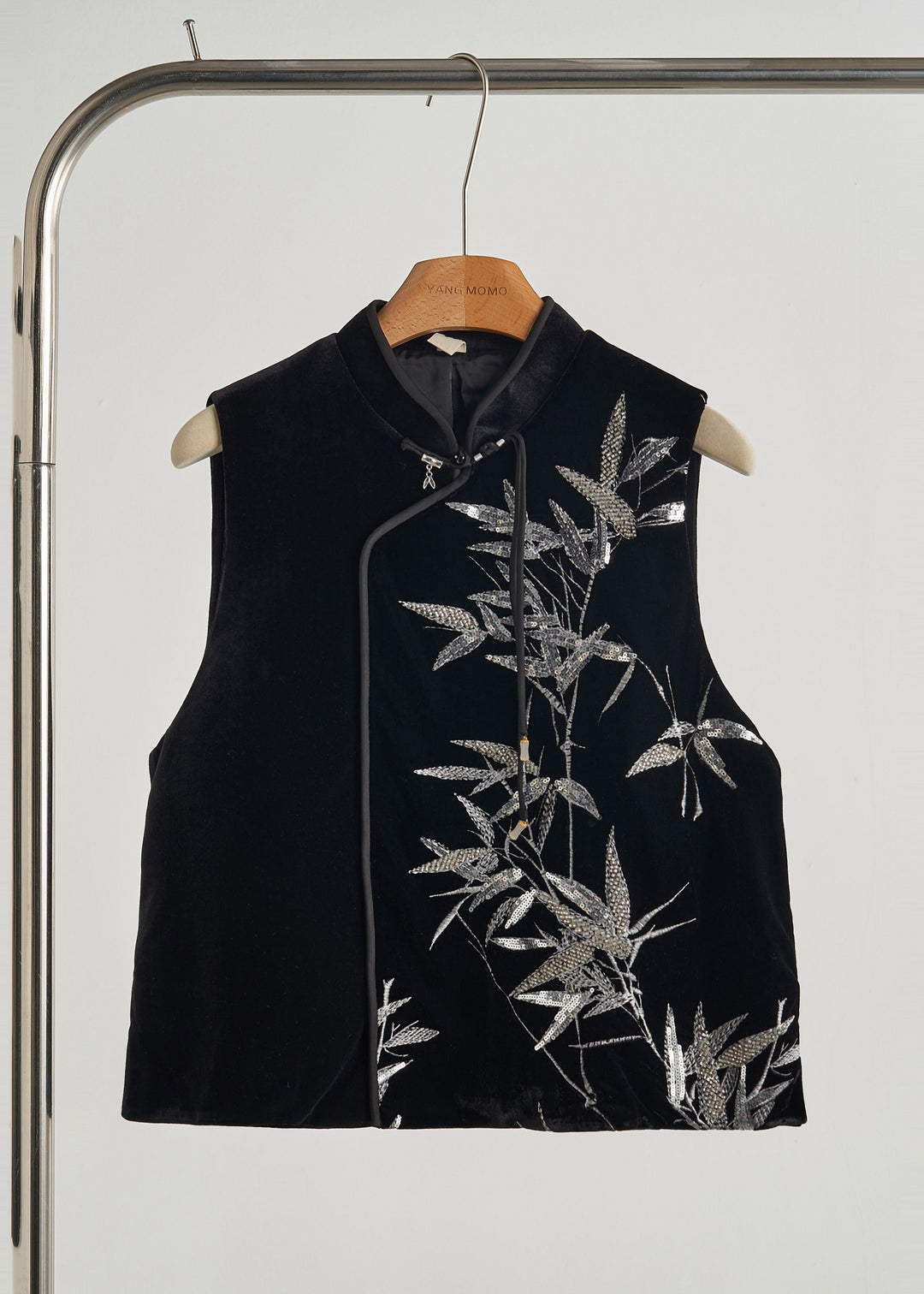 Retro Black Sequins Bamboo Silk Velour Top Fall