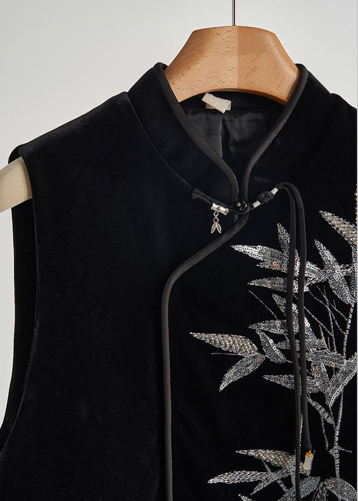 Retro Black Sequins Bamboo Silk Velour Top Fall