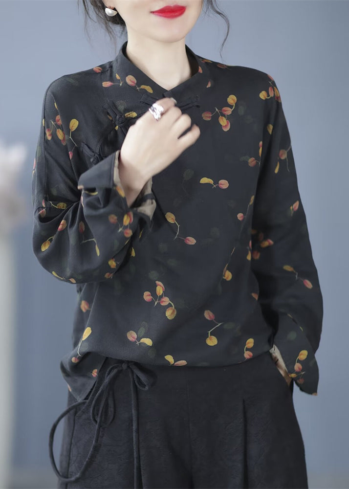 Retro Black Stand Collar Print Button Shirt Long Sleeve