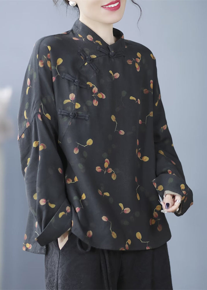 Retro Black Stand Collar Print Button Shirt Long Sleeve