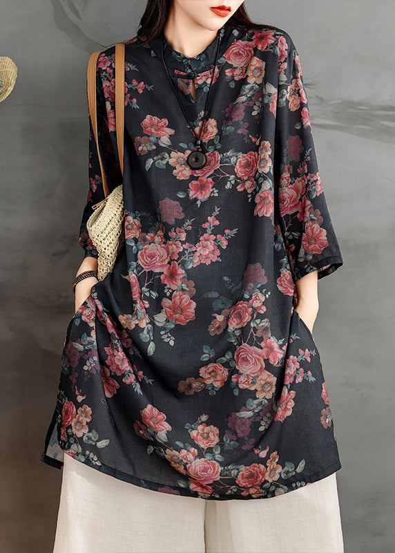 Retro Black Stand Collar Print Side Open Linen Shirts Dress Summer