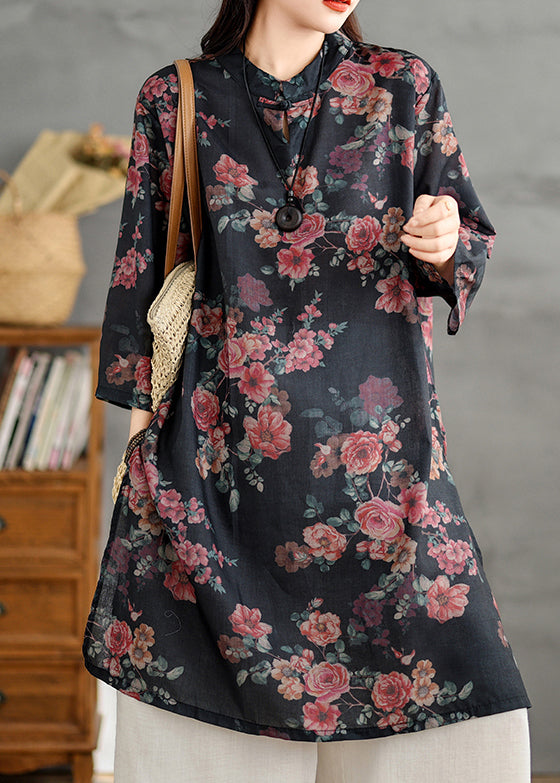Retro Black Stand Collar Print Side Open Linen Shirts Dress Summer