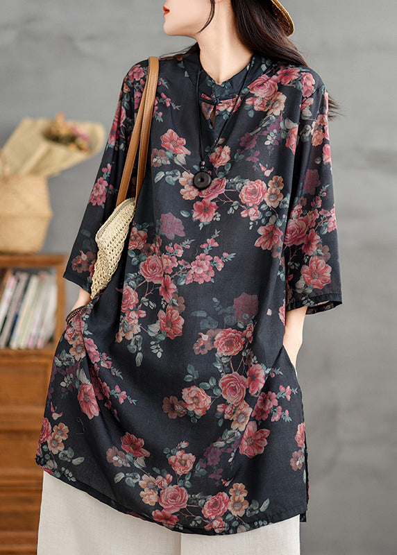 Retro Black Stand Collar Print Side Open Linen Shirts Dress Summer